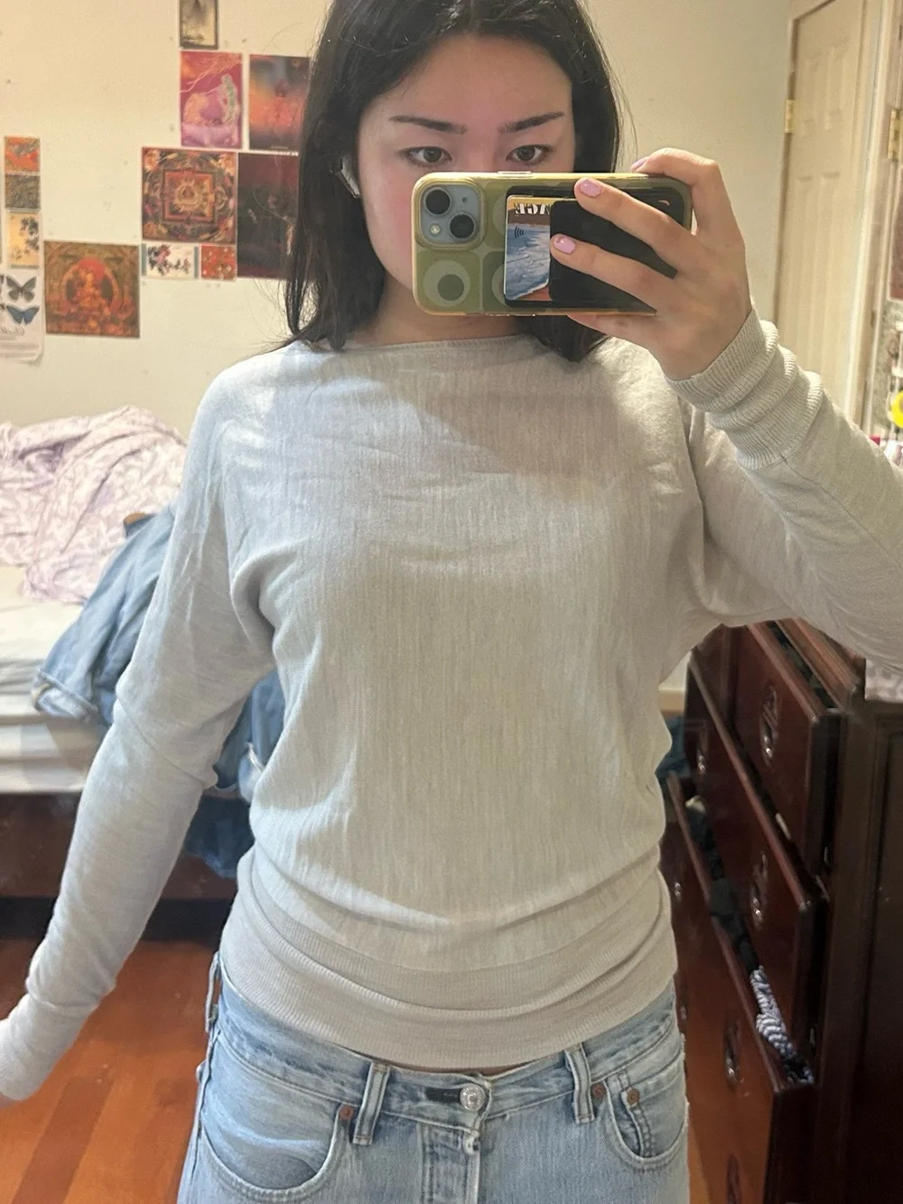 The Limited Light Gray Long Sleeve Top - Slim Crewneck